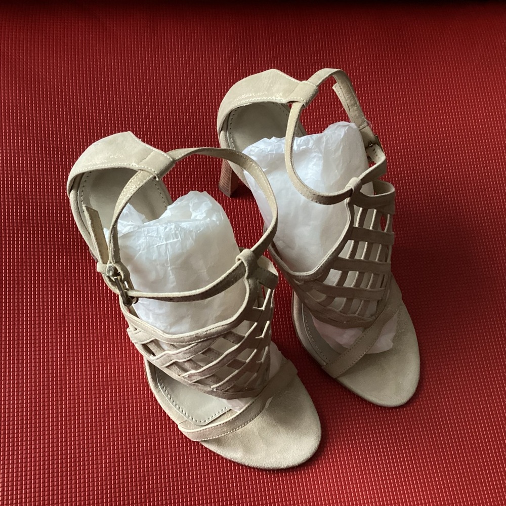 JILL SANDER Ivory Metallic Gold Size 37 High Heels Lattice FrontLeather Sandals